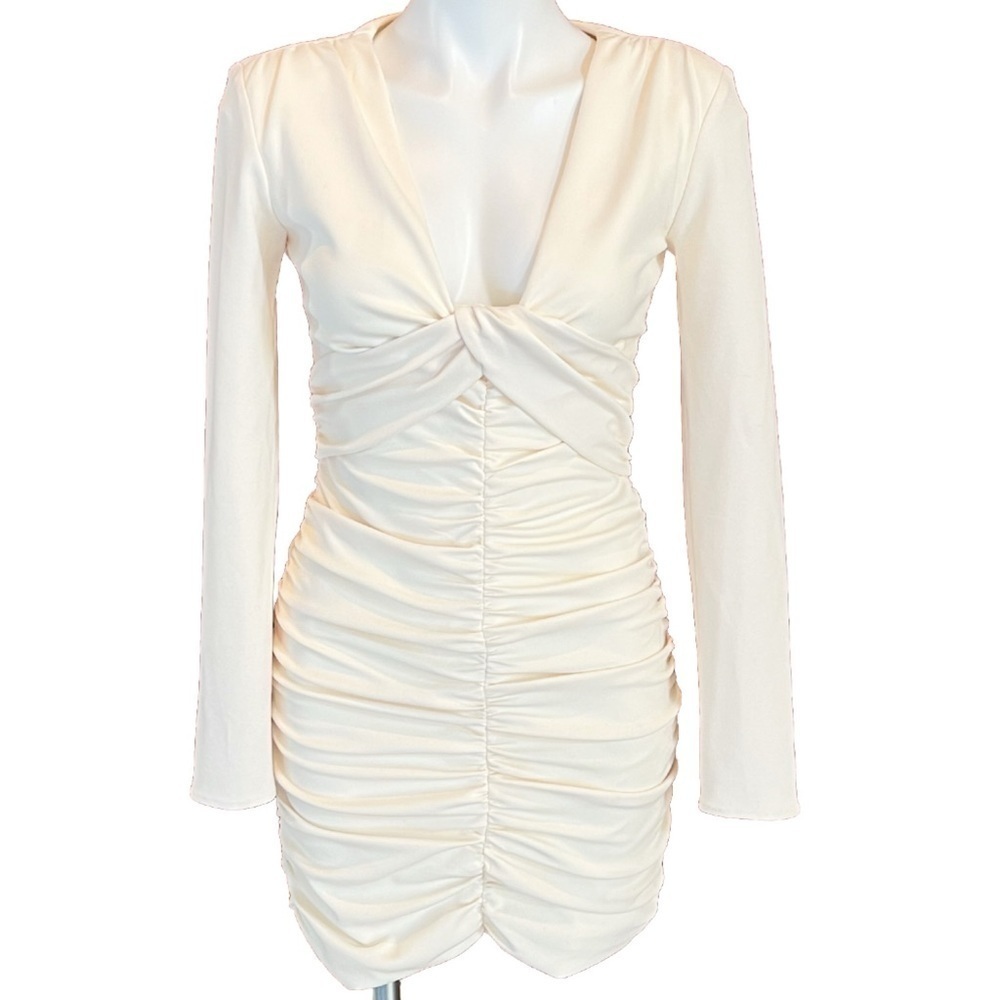 NWT Zara Cream White Ruched Long Sleeve V Neck Bodycon Mini Dress Medium